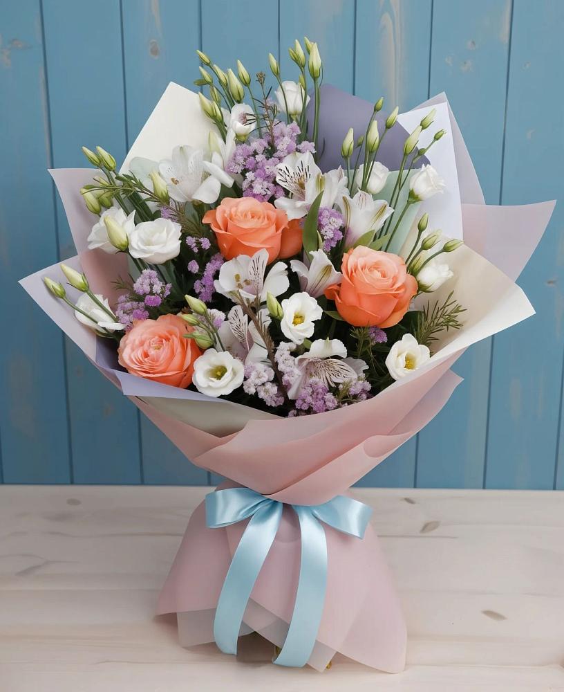 Букет цветов из: Лизиантусы, Розы, Альстромерии и Гипсофила в Гремячинске