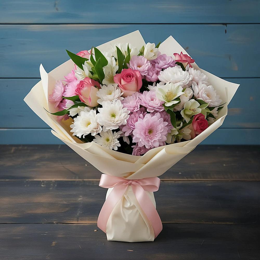 Букет цветов из: Хризантемы, Альстромерии и Розы в Гремячинске